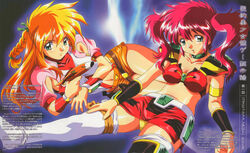  2girls armlet blonde_hair braid choker cosmic_fantasy green_eyes gun holding holding_gun holding_weapon looking_at_viewer multiple_girls navel official_art panties pantyshot pencil_skirt photoshop_(medium) planet red_hair saya_(cosmic_fantasy) serious shiny_skin short_shorts short_sleeves shorts skirt thighhighs translation_request twintails underwear vambraces weapon white_legwear yellow_panties 