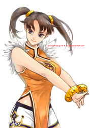  artist_name black_hair bracelet breasts chinese_clothes commentary_request deviantart_username female interlocked_fingers jewelry korean_commentary large_breasts ling_xiaoyu orange_shirt ryo_(ryoxkj) scrunchie shirt shorts sleeveless smile solo stretching tekken twintails watermark web_address white_shorts 