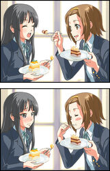  2girls akiyama_mio cake commentary_request eating feeding food k-on! long_hair multiple_girls nishiwaki revision sakuragaoka_high_school_uniform school_uniform tainaka_ritsu teasing 