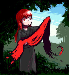  alternate_costume alternate_hair_length alternate_hairstyle black_kimono commentary_request female japanese_clothes kimono long_hair no_headwear outdoors red_eyes red_hair scarf sekibanki solo touhou tren 