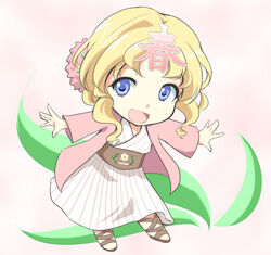  blonde_hair blue_eyes chibi commentary_request female flower haru-chan japanese_clothes kimono leaf nhk_(broadcaster) outstretched_arms regdic sandals solo spread_arms 