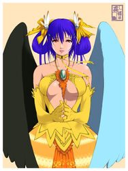  asymmetrical_wings breasts choker commentary_request dizzy_(guilty_gear) dress elbow_gloves female gloves guilty_gear hair_ribbon hair_up large_breasts looking_at_viewer photoshop_(medium) purple_hair red_eyes ribbon ribbon_choker short_hair smile solo steepled_fingers strapless strapless_dress underboob wings yellow_dress yellow_gloves yukikaseni 