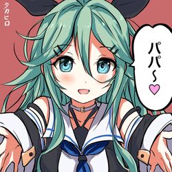  :d artist_name bad_hands black_ribbon blue_eyes blue_neckerchief blush choker collarbone commentary detached_sleeves female green_hair hair_between_eyes hair_ornament hair_ribbon hairclip heart kantai_collection long_hair looking_at_viewer neckerchief open_mouth ponytail reaching reaching_towards_viewer red_background ribbon school_uniform serafuku simple_background smile solo speech_bubble spoken_heart takahiro_(rikky) yamakaze_(kancolle) 