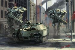  caterpillar_tracks city commentary_request gun holding holding_weapon karamas lamppost mecha military military_vehicle motor_vehicle no_humans original rifle robot ruins smoke tank war weapon 