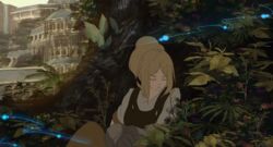  brown_hair city closed_eyes commentary_request fantasy female fireflies gloves long_hair obaryo original sleeping sleeping_upright solo topknot tree under_tree 