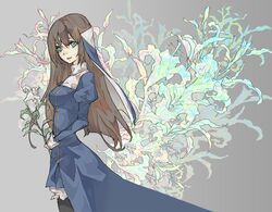  bad_id bad_pixiv_id black_pantyhose blue_dress blue_eyes bonnou-s-rice breasts brown_hair circlet cowboy_shot dress female floral_background flower fractale from_side grey_background headdress holding holding_flower juliet_sleeves lily_(flower) long_hair long_sleeves looking_at_viewer medium_breasts pantyhose parted_lips phryne_(fractale) puffy_sleeves smile solo 