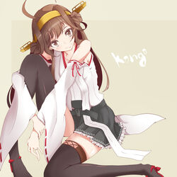  ahoge bad_id bad_pixiv_id bare_shoulders black_thighhighs blush brown_eyes brown_hair character_name commentary_request detached_sleeves double_bun female hair_bun hairband head_tilt kantai_collection kongou_(kancolle) long_hair looking_at_viewer nontraditional_miko pleated_skirt ribbon-trimmed_sleeves ribbon_trim shirt sitting skirt smile solo suu2510 thighhighs 