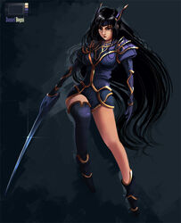  armor black_hair black_thighhighs commentary_request daniel_bogni elbow_gloves female gloves headgear long_hair pauldrons photoshop_(medium) rose_(dragoon) shoulder_armor single_thighhigh solo sword the_legend_of_dragoon thighhighs very_long_hair weapon 