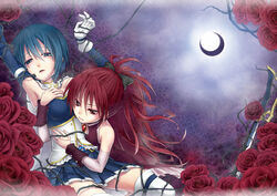  2girls armpits bad_id bad_pixiv_id bare_shoulders blue_eyes blue_hair bondage bondage bound bound_arms cape crescent_moon detached_sleeves femdom flower gloves highres hug long_hair magical_girl mahou_shoujo_madoka_magica mahou_shoujo_madoka_magica_(anime) miki_sayaka miki_sayaka_(magical_girl) moon multiple_girls ponytail red_eyes red_flower red_hair red_rose rose sakura_kyoko sakura_kyoko_(magical_girl) short_hair strapless sword thighhighs thorns weapon white_gloves white_legwear yuri yuu_(derodero) zettai_ryouiki 