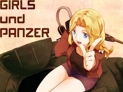  bad_id bad_pixiv_id blonde_hair blue_eyes copyright_name english_text female girls_und_panzer headphones jacket kay_(girls_und_panzer) long_hair m4_sherman medium_tank military military_uniform military_vehicle motor_vehicle nisi9 on_vehicle saunders_military_uniform sitting solo tank uniform 