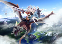  2girls armor clouds conone dark_skin dragon long_hair original red_hair sky staff sword weapon 