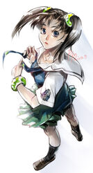  artist_name black_hair black_socks bracelet breasts brown_footwear commentary dated english_commentary engrish_commentary female from_above green_skirt jewelry ling_xiaoyu loafers looking_up parted_lips pleated_skirt ryo_(ryoxkj) school_uniform scrunchie shoes short_sleeves skirt small_breasts socks solo tekken twintails 