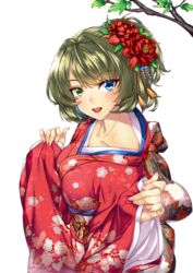  blue_eyes breasts brown_hair commentary_request cover cover_page doujin_cover female flower green_eyes hair_flower hair_ornament happy_new_year heterochromia highres idolmaster idolmaster_cinderella_girls japanese_clothes kimono large_breasts looking_at_viewer mole mole_under_eye new_year shirokuma_a short_hair smile solo takagaki_kaede tied_hair transparent_background wide_sleeves yoi_otome_(idolmaster) 