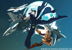  1boy aircraft airplane bad_deviantart_id bad_id battle dragon dragon_sword f-15_eagle fighter_jet full_moon jet male_focus metalhanzo military military_vehicle moon night night_sky ninja ninja_gaiden ninja_gaiden_sigma_2 ryu_hayabusa sky solo vehicle_focus watermark web_address 