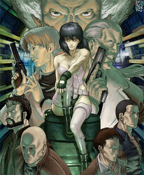  6+boys aramaki_daisuke bald batou_(gits) black_hair boma_(gits) commentary_request cyberpunk cyborg female fingerless_gloves fn_browning_bda_m-7 ghost_in_the_shell ghost_in_the_shell_stand_alone_complex gloves gun handgun ikeda_(cpt) ishikawa_(gits) kusanagi_motoko manly mateba_2008m md5_mismatch multiple_boys muscular paz_(gits) photoshop_(medium) red_eyes revolver saitou_(gits) science_fiction short_hair thighhighs togusa_(gits) trigger_discipline weapon white_hair 