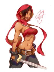  bandeau bare_shoulders belt blue_eyes breasts cowboy_shot dark_skin derivative_work dungeons_&amp;_dragons:_shadow_over_mystara dungeons_and_dragons earrings fingerless_gloves francesco_simioni gloves hand_on_hip highres hood hoop_earrings jewelry lips midriff moriah navel red_scarf scarf short_hair slender_waist small_breasts solo studded_bracelet sword weapon 