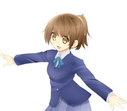  brown_eyes brown_hair commentary_request female hirasawa_ui k-on! outstretched_arms ponytail sakuragaoka_high_school_uniform school_uniform short_hair solo sonyntendo spread_arms 