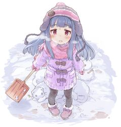  7010 black_pantyhose blue_hair blush boots coat female full_body hat idolmaster idolmaster_cinderella_girls long_hair looking_at_viewer mittens open_mouth pantyhose red_eyes sajo_yukimi scarf shovel smile snow snow_shovel solo 