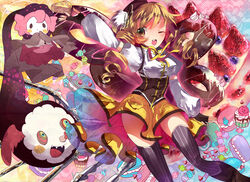  absurdres cake candy charlotte_(madoka_magica) commentary_request female food fruit gun highres hoshika_ranoe mahou_shoujo_madoka_magica mahou_shoujo_madoka_magica_(anime) one_eye_closed strawberry striped thighhighs tomoe_mami tomoe_mami_(magical_girl) vertical_stripes weapon zettai_ryouiki 