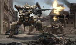  1boy assault_rifle battle building cannon city commentary_request firing gun hexapod highres holding holding_gun holding_weapon karamas machine_gun mecha mecha_focus military military_vehicle motor_vehicle original realistic rifle road robot ruins science_fiction signature smoke street tank walker_(robot) weapon wreckage 