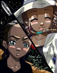  1boy black_hair blush brown_hair closed_eyes couple dark_skin female green_eyes hair_ornament hat jazmine_dubois lolicon riley_freeman rocket smile space straight sun_hat the_boondocks 