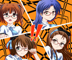  4girls all-out_attack amami_haruka blue_hair brown_eyes brown_hair commentary_request cut-in glasses green_eyes hair_ribbon hairband idolmaster idolmaster_(classic) idolmaster_live_for_you! kisaragi_chihaya long_hair minase_iori multiple_girls necktie parody persona persona_4 photoshop_(medium) ribbon rough_time_school_(idolmaster) school_uniform shiigetsu_yuu short_hair takatsuki_yayoi twintails 