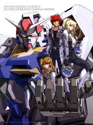  1boy 2girls absurdres aqua_eyes blonde_hair blue_eyes brown_eyes brown_hair chall_acustica gundam gundam_00 gundam_00p gundam_plutone highres marlene_vlady mecha multiple_girls red_hair robot ruido_resonance uon_taraku yanase_takayuki 