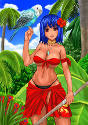  armband bad_id bad_pixiv_id bird bird_on_hand black_panties blue_hair breasts choker cleavage cloud commentary_request day female flower grass hair_flower hair_ornament hibiscus jewelry large_breasts musaceae nanakorobi_yaoki original outdoors panties parakeet pendant print_sarong red_eyes red_sarong sarong short_hair sky smile solo stick tan tree tropical underboob underwear 