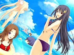  6+girls asakura_naoko ass bikini black_hair blonde_hair blue_hair brown_eyes brown_hair day dutch_angle from_behind fujimura_shizu game_cg green_eyes hayama_umi imageboard_desourced innertube jpeg_artifacts kirishima_saeri kono_aozora_ni_yakusoku_wo kujou_miyaho long_hair looking_back multiple_girls nekonyan non-web_source ocean one-piece_swimsuit one_eye_closed partially_submerged purple_eyes sawaki_rinna squirting_liquid swim_ring swimming swimsuit twintails wading water white_hair 