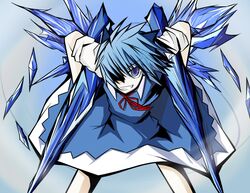  bad_id bad_pixiv_id blue_dress blue_eyes blue_hair bow cirno dress f91_gundam female grin gundam gundam_f91 hair_over_one_eye hairbow honda_takashi_(enorea) ice ice_wings parody ribbon short_hair smile solo touhou wings 