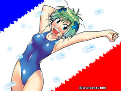  blue_eyes competition_swimsuit female green_hair hair_ornament hattori_mitsuru kenkou_zenrakei_suieibu_umishou ninagawa_amuro one-piece_swimsuit photoshop_(medium) short_hair simple_background solo swimsuit x_hair_ornament 