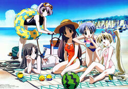  5girls barefoot beach bikini can day drink_can feet food fruit gokajou_satsuki happy_lesson hosoda_naoto ichimonji_mutsuki innertube multiple_girls ninomai_kisaragi outdoors sanzen&#039;in_yayoi shaved_ice shitenno_uzuki soda_can swim_ring swimsuit watermelon 