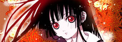  black_hair blunt_bangs chrysanthemum commentary_request enma_ai female flower hime_cut japanese_clothes jigoku_shoujo kanoko kimono long_hair red_eyes red_flower solo yoiyoi 