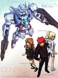  1boy 2girls absurdres aqua_eyes blonde_hair blue_eyes brown_eyes brown_hair chall_acustica ebikawa_kanetake gundam gundam_00 gundam_00p gundam_astraea highres kneehighs marlene_vlady mecha multiple_girls red_hair robot ruido_resonance skirt socks uon_taraku 