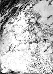  animal_ears fantasy_earth_zero female greyscale hood ice katzeh monochrome photoshop_(medium) sketch skirt solo staff 