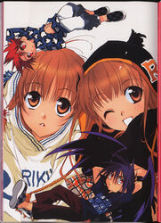  2boys 2girls absurdres blush_stickers brown_eyes brown_hair chibi dark_mousy dnangel harada_riku harada_risa hat highres multiple_boys multiple_girls niwa_daisuke official_art one_eye_closed purple_hair ranguage red_eyes red_hair scan scan_artifacts siblings sisters sugisaki_yukiru sweater twins wings 