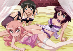  3girls :/ :d age_difference arm_behind_back arm_support bare_shoulders bed black_eyes black_panties blue_eyes blunt_bangs blush breasts breasts_apart chemise choker cleavage cleavage_cutout clothing_cutout curtains detexted flat_chest flower frilled_panties frills frown fujii_masahiro garter_belt grin hair_between_eyes hand_on_own_thigh henrietta_de_tristain highres indoors lace lace-trimmed_legwear lace-trimmed_panties lace_trim large_breasts leaning_back lingerie long_hair long_legs louise_francoise_le_blanc_de_la_valliere lying megami_magazine multiple_girls neck_ribbon official_art on_bed on_side open_mouth panties pillow pink_eyes pink_hair pout purple_garter_belt purple_hair purple_panties purple_thighhighs ribbon ribbon_choker rose scan shiny_skin short_hair sideboob siesta_(zero_no_tsukaima) sitting smile thigh_gap thighhighs third-party_edit transparent underwear underwear_only v-shaped_eyebrows v_arms white_panties white_thighhighs wrist_ribbon zero_no_tsukaima 