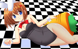  animal_ears blue_eyes brown_hair carrot commentary_request curvy female fishnet_pantyhose fishnets hair_ornament highres lask lying lyrical_nanoha mahou_shoujo_lyrical_nanoha_strikers on_side pantyhose playboy_bunny rabbit_ears short_hair solo wide_hips x_hair_ornament yagami_hayate 