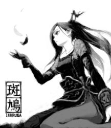  commentary_request dress feathers female gloves goth_fashion greyscale hair_ornament ikaruga iseki_(kuroshura_no_tabiji) kagari_(ikaruga) long_hair monochrome pantyhose solo 