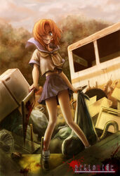  bad_id bad_pixiv_id bag blood blue_eyes burunuu_(bullnukko) crazy_eyes female from_below hair_over_one_eye hashitsuki_nata higurashi_no_naku_koro_ni junk junkyard nata_(tool) orange_hair ryuuguu_rena school_uniform serafuku short_hair skirt solo trash_bag 