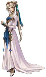  1990s_(style) absurdres bad_fandom_id bad_id blonde_hair crown dress female fire_emblem fire_emblem:_mystery_of_the_emblem fire_emblem:_shadow_dragon green_eyes hair_ribbon highres long_hair nyna_(fire_emblem) official_art retro_artstyle ribbon shirow_masamune solo very_long_hair white_background 