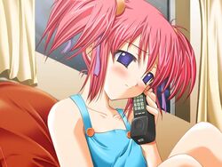  2000s_(style) cordless_phone female floralia floralia+ game_cg imageboard_desourced kaga_miaya masaharu non-web_source phone purple_eyes red_hair short_hair solo twintails 