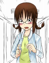  akizuki_ritsuko blush braid commentary_request female glasses idolmaster idolmaster_(classic) idolmaster_1 solo tetsuji twin_braids twintails 