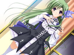  clothes_in_front dress dutch_angle female game_cg green_hair imageboard_desourced long_hair non-web_source purple_eyes really?_really! ribbon shigure_asa shuffle! solo suzuhira_hiro sweatdrop thighhighs white_thighhighs zettai_ryouiki 