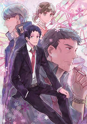  3boys adachi_tooru bad_id bad_pixiv_id black_hair brown_eyes brown_hair cigarette doujima_nanako doujima_ryoutarou female formal grey_hair jacket lolicon multiple_boys narukami_yuu necktie persona persona_4 photoshop_(medium) ritsuko_(rittii) short_hair smoking suit turtleneck twintails 