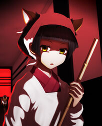  animal_ears black_hair blunt_bangs bob_cut broom canine cat_ears commentary_request dorm_leader expressionless female looking_at_viewer maria_holic photoshop_(medium) shadow short_hair siraha solo yellow_eyes yonakuni 