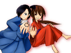  2girls artistic_error barefoot black_hair brown_hair commentary_request enma enma_(character) grin hair_over_one_eye japanese_clothes kimono kurame kusari_hime:_euthanasia long_hair multiple_girls nail_polish ponytail red_eyes short_hair side_ponytail sitting slit_pupils smile tattoo tetsuji 