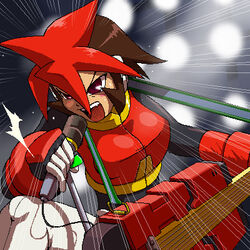  atlas_(mega_man) commentary_request crop_top dyed_bangs electric_guitar emphasis_lines female gauntlets guitar instrument lowres mega_man_(series) mega_man_zx mega_man_zx_advent microphone microphone_stand multicolored_hair music napo oekaki oerba_yun_fang open_mouth red_eyes singing solo stage_lights two-tone_hair 