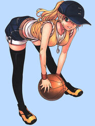  ball bandaid baseball_cap basketball basketball_(object) belt bent_over black_thighhighs blonde_hair caroline denim denim_shorts earrings female gimp_(medium) green_eyes hat highres imageboard_desourced jewelry long_hair necklace ponytail shoes shorts sleeves_rolled_up smile sneakers solo soo-hyon_lee source_request thighhighs unbalance_unbalance wristband 