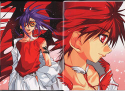  2boys absurdres dark_mousy dnangel highres jewelry male_focus multiple_boys necklace niwa_daisuke official_art purple_hair red_eyes red_hair scan scan_artifacts sugisaki_yukiru sunglasses tattoo wings 